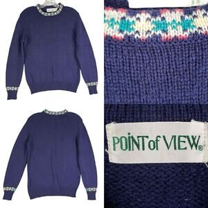 Vintage Point of View Sweater Shetland Wool Knit Navy Blue Long Sleeve Size 38
